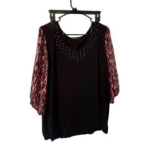 Cure Womens 3XL Black Blouse With Studded V-Neck & 3/4 Patterned Sleeves